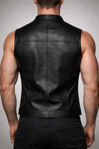 <b>Men</b>’s Black Leather Slim Fit Biker Vest Western Style Waistcoat with Snap Button Front Classic Motorcycle Fashion Vest - Product Image 5
