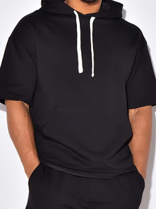 Men's Customized Colors Hooded Short Sleeve Sweatshirt Shorts Set Solid Color Casual Summer Outfit 2pcs Breathable Cotton French - Product Image 3