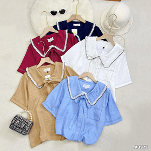 Wholesale Women Short Sleeve Denim <b>Shirt</b> With Layered <b>Sailor</b> Collar & Bow Tie Office Casual Solid Top ODM Vietnam Manufacturer - Product Image 6