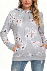 Sweat-shirt décontracté pour femme à imprimé floral, manches raglan longues, avec cordon de serrage, poche kangourou et capuche croisée - Product Image 2