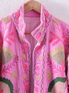 Pink Floral Embroidery Velvet <b>Cardigan</b> Long Sleeve Loose Fit V Neck Winter Wear Woven <b>With</b> <b>Pockets</b> Beautiful Women Elegant Piece - Product Image 3