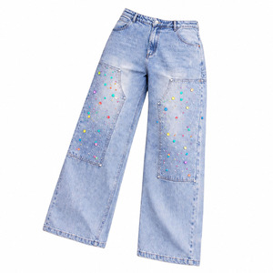 Custom High Quality Heavyweight Cotton Denim Acid Washed Rhinestone Streetwear Plus Size Double Knee Distressed <b>Jeans</b> <b>for</b> <b>Men</b> - Product Image 1