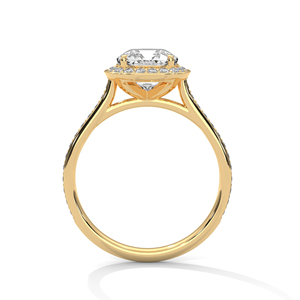 Bague de fiançailles de style classique en or jaune 14 carats avec diamant de laboratoire taille coussin et diamants sertis sur les côtés - Product Image 2