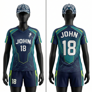 Uniforme de Floorball pour Femme en Maille Polyester Respirante Premium, Design à Panneaux Bleu Marine, Teal et Vert Citron, Logo Personnalisé par Sublimation - Product Image 1