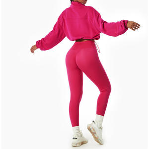 Ensemble de yoga 2 pièces rose tendance : Leggings taille haute et crop top à manches longues zippées en polaire respirante, couleur unie, tenue de sport - Product Image 2