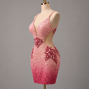 Pink Floral Crystal <b>Sequin</b> Embellished Evening Sleeveless Deep V Neck Bodycon Mini Natural Waistline Party Cocktail Gown - Product Image 1