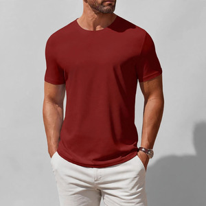 Chemise décontractée pour homme à manches courtes et col en V, rouge unie, en tissu popeline respirant, idéale pour l'été - Product Image 1