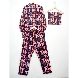 WBCI Conjunto de pijama de algodón de 2 piezas para mujer, ropa de dormir de manga larga con estampado de lazo, ropa de dormir informal de longitud completa con pantalones - Product Image 4