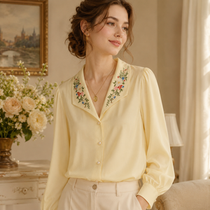 Camisa de Algodón Crema para Mujer, con Bordado de Flores Coloridas, Cuello con Botones, Blusa Casual a la Moda - Product Image 1