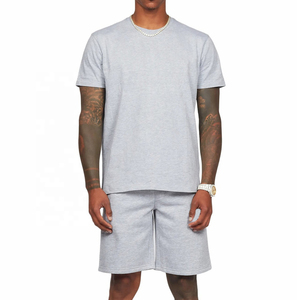 Men's Gray Cotton Crew Neck T-Shirt <b>Set</b> Casual Summer <b>Knitted</b> Solid Color Breathable Short Sleeve Tops And Shorts - Product Image 3