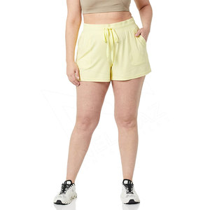 Women High Waist Drawstring <b>Shorts</b> Solid Yellow Knitted Cotton Spandex Casual Breathable With Pockets - Product Image 2
