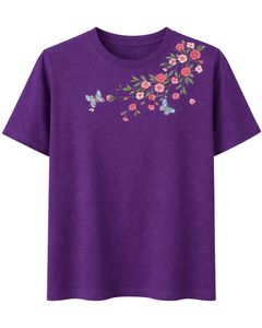 เสื้อยืดพิมพ์ลายผีเสื้อสีม่วงสำหรับผู้หญิง ผ้าฝ้ายเนื้อนุ่ม คอกลม แขนสั้นลำลอง เสื้อฤดูร้อนน้ำหนักเบา สวมใส่สบาย - Product Image 1