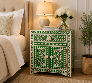 Table de chevet Shabby Chic en résine avec incrustations d'os, tiroir et portes, table d'appoint, table de chevet avec incrustations d'os, armoire d'appoint haut de gamme pour chambre à coucher - Product Image 5