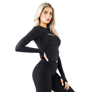 Camiseta de Manga Larga Peekaboo para Mujer, Negra, Elástica, de Tela Suave, con Detalle de Recorte, Estilo Deportivo para Yoga y Ejercicio - Product Image 2