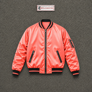 Chaqueta Varsity de Satén Rosa Coral Premium para Hombre y Mujer, Chaqueta Bomber Brillante Personalizada al por Mayor con Rayas Blancas y Negras en el Cuello, en Oferta - Product Image 5