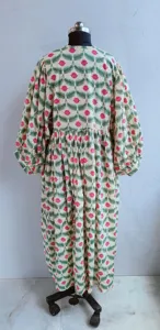 Bohemian Floral Block Print Cotton Midi <b>Dress</b> With Puff Sleeve <b>Loose</b> Fit Tie Neck Summer <b>Dress</b> For Women - Product Image 2