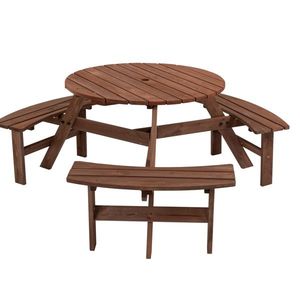 Table de pique-nique circulaire en bois pour 6 personnes avec 3 bancs intégrés pour terrasse extérieure, jardin ou parc, couleur marron - Product Image 1