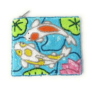 Koi Fish Embroidered Beaded Coin Purse Handmade Blue Sequin Clutch Lotus Lily <b>Pad</b> Design Japanese Style Zipper Pouch Unisex - Product Image 1
