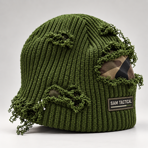 Sam Tactical <b>Green</b> Ripped Beanie <b>Hat</b> Men's Outdoor Winter Knit Cap Camouflage Patch Hand Knitted Casual Style 56-58cm - Product Image 1