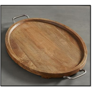 Plateau de rangement rond en bois avec poignées métalliques, design rustique, accessoire de table durable pour cuisine intérieure - Product Image 1