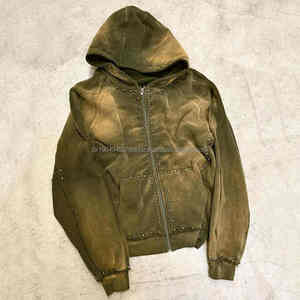 Sweat à capuche zippé en éponge française pour hommes, poids lourd, délavé au soleil et à l'acide, capuche zippée en strass, saison d'hiver fonctionnelle - Product Image 4