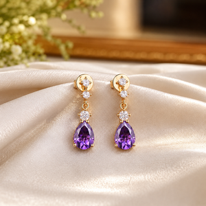 Boucles d'oreilles pendantes en argent sterling 925 avec pierre précieuse en forme de poire violette et moissanite ronde en forme de goutte d'eau pour mariage et soirée - Product Image 4