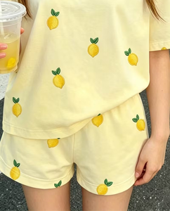 Girls 2-Piece Lemon Print Set Short Sleeve Top with Shorts Summer Outfit Comfortable Breathable Cotton Casual Wear Customizable - Product Image 3