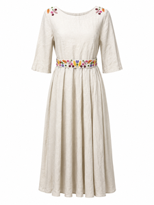 Robe longue en coton tissé brodée de fleurs, style bohème, douce, naturelle, décontractée, silhouette en A pour femme - Product Image 3