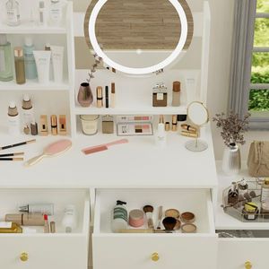 Fashionable Wood Bedroom Dressing Vanity Desk with Cushioned Chair 3 Color <b>Mirror</b> Lights for <b>Makeup</b> - Product Image 5