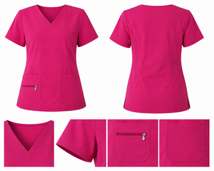 ขายส่งเสื้อสครับทางการแพทย์คอวีสีชมพูสำหรับผู้หญิงแขนสั้นหลายกระเป๋าพยาบาลชุดยูนิฟอร์มโรงพยาบาลชุดทำงานเสื้อคลุมร้านเสริมสวยสปา - Product Image 3