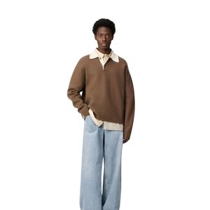 Men Camel <b>Brown</b> Polo Sweater Contrast Collar Knit Pullover Casual Warm Winter Knitwear Custom Logo OEM Manufacturer Wholesale - Product Image 4