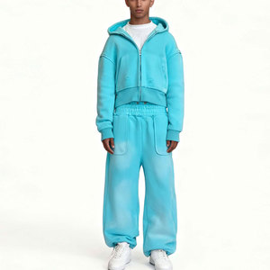 Custom Cropped Printed Flared <b>Hoodie</b> and Sweatpants Set Baggy Cotton Acid Wash Streetwear Tracksuit for Men - Product Image 3