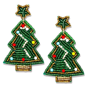 Boucles d'oreilles pendantes de luxe artisanales et écologiques, brodées de perles de rocaille, motif sapin de Noël, bijoux festifs pour fête ou cadeau - Product Image 1