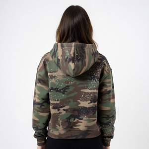 Sudadera con capucha de moda con logo personalizado estampado, camuflaje y pedrería, con cremallera, de algodón grueso y forro polar, estilo oversize, streetwear unisex - Product Image 6