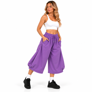 Shorts Harem pour femmes, violet, taille mi-haute, avec cordon de serrage, coupe ample, couleur unie, style streetwear, décontracté, jambe large, avec poches, en molleton - Product Image 3