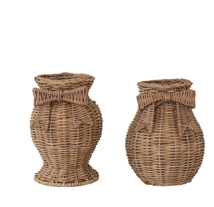 Off-white woven <b>wicker</b> amphora <b>vase</b> with curved side handles for elegant coastal decor, available at wholesale prices. - Product Image 3