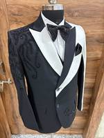Costume de smoking brodé noir et blanc pour homme, grande taille, à double boutonnage |   Blazer de mariage de créateur fait main avec perles noires