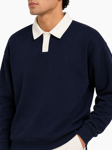 <span class=keywords><strong>Felpa</strong></span> Premium da Uomo Blu Navy con Colletto a <span class=keywords><strong>Polo</strong></span>, Manica Lunga, Pullover Casual in Misto Cotone con Colletto Bianco a Contrasto - Product Image 4