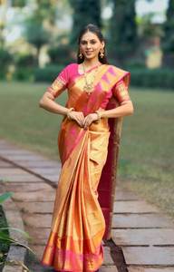 Robe traditionnelle indienne contemporaine non cousue en soie Tussar au design lourd élégant, belle tenue de soirée douce tissée - Product Image 2