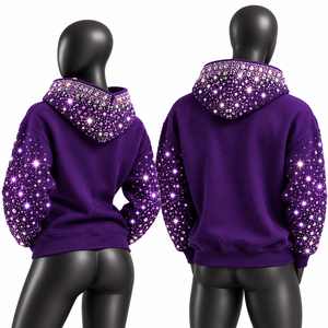 Sweat-shirt à capuche Y2K Glam violet scintillant, streetwear, pull avec accents de cristaux, manches ornées, logo personnalisé, hoodie B2B US - Product Image 3