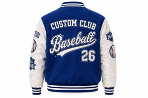 Custom Club Baseball Bomber <b>Jacket</b> <b>Men</b> Blue <b>White</b> Embroidered Patch Design MVP All Star 26 Front Logo Preppy Style Winter Thin - Product Image 3
