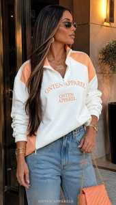 <b>Women</b> Cotton Fleece Color Block <b>Quarter</b> <b>Zip</b> Breathable <b>Sweatshirt</b> Casual Hooded Collar Drop Shoulder Long Sleeve Front Logo - Product Image 6