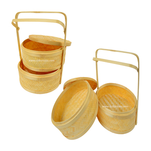 Eco-Friendly Round Woven Bamboo Double Tier <b>Storage</b> <b>Basket</b> with Handle Handmade Natural Home Decoration Food <b>Storage</b> Container - Product Image 1