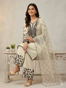 2026 Trending Navy Blue Designer Antra Lifestyle Kurta / <b>Kurti</b> Heavy Embroidered Faux Fur Tunic Dupatta Modern Muslimah Fashion - Product Image 3