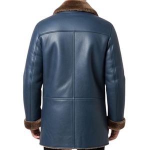 Abrigo de piel de oveja azul para hombre, abrigo largo de invierno con cuello de piel marrón - Product Image 2