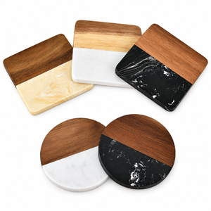 Juego de Posavasos de Madera de Mango con Diseños Cuadrados y Redondos para Tazas de Café y Té |   Posavasos Decorativos para Mesa de Comedor, Decoración del Hogar - Product Image 1