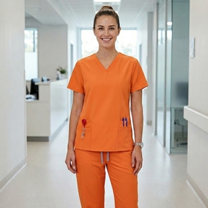 Ensemble de vêtements de travail pour femmes dans le secteur de la santé, haut de blouse à manches courtes et col en V, et pantalon droit à cordon de serrage - Product Image 3