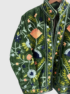 Hand Embroidered Floral <b>Velvet</b> Mandarin Collar Jacket Full Sleeve Regular Length Plus Size Adult Women's Autumn Wear - Product Image 4