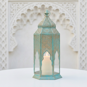 2026 Latest Metal Candle Lantern Unique Green Patina <b>Moroccan</b> Style Tabletop and Floor <b>Decoration</b> - Product Image 2