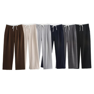 Women Mid Waist Oxford Fabric Viscose/Cotton Drawstring Closure Hip Hop Style Spring <b>Summer</b> Loose Casual Straight Leg <b>Trousers</b> - Product Image 1